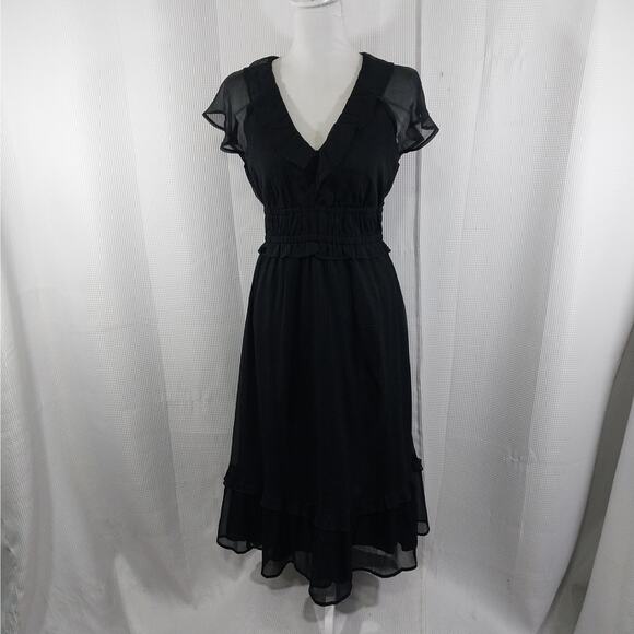 OLD NAVY! SHEER BLACK SCRUNCHY TEXTURED CHIFFON RUFFLED HEM/NECK DRESS! SZ M - Picture 2 of 11